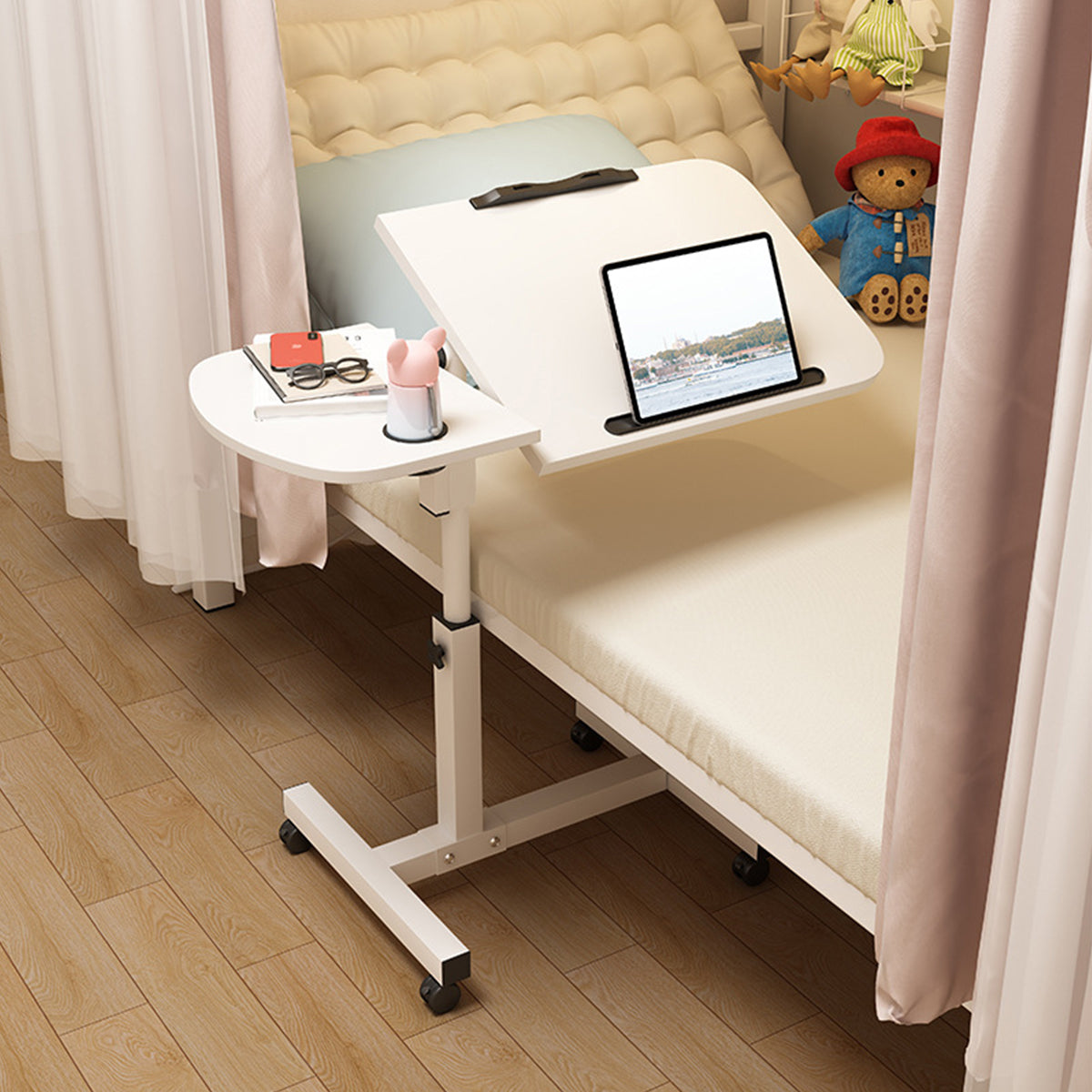 Rolling Sit-Stand Side Table with Cup Holder