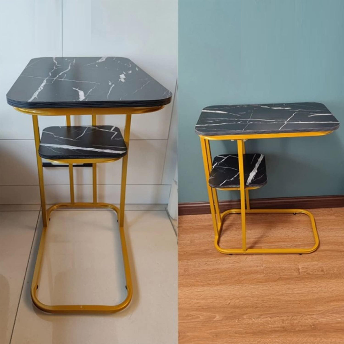Two-Tier End Table with Marble Top Gold Frame