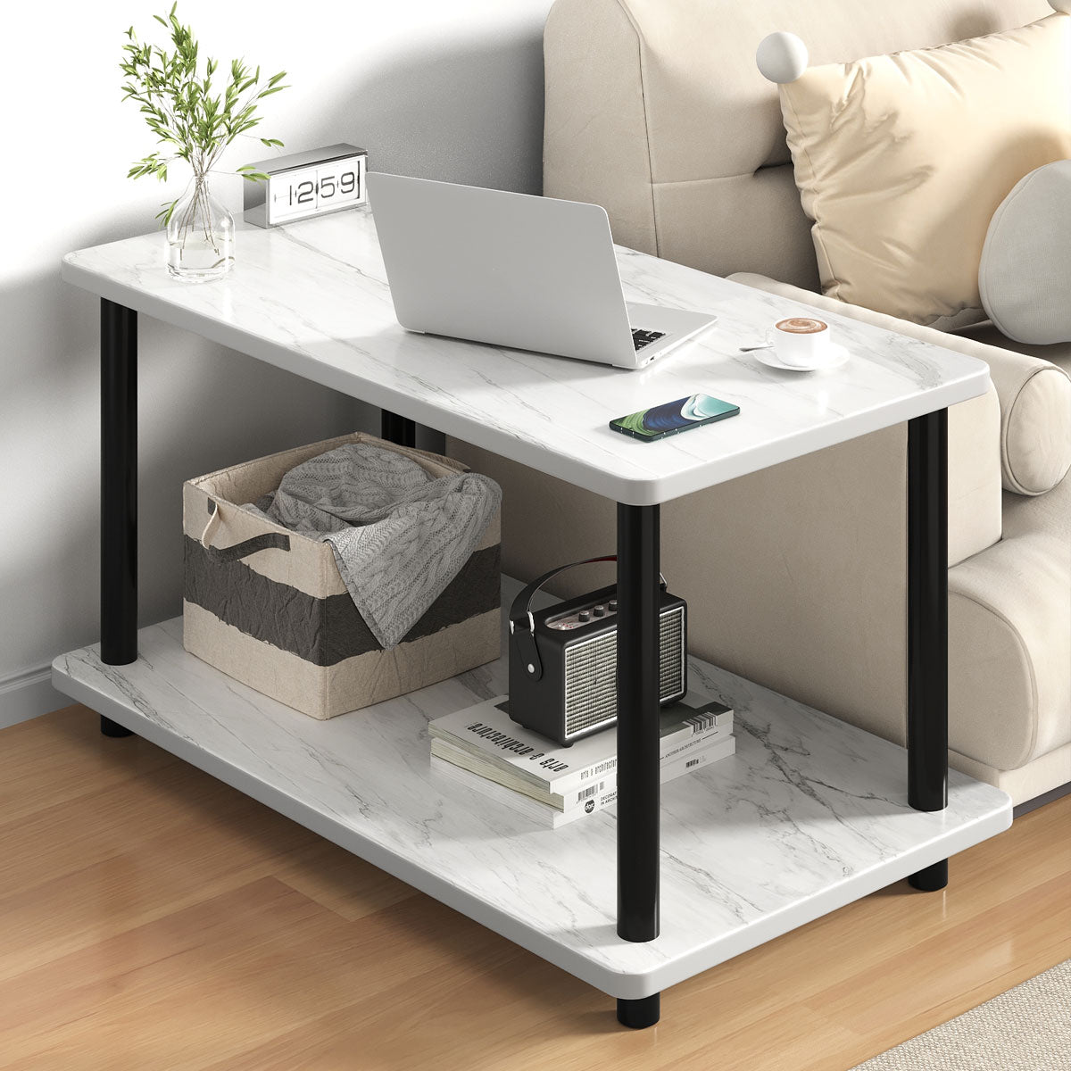 Double-Tier Coffee Table with Natural Wood Legs