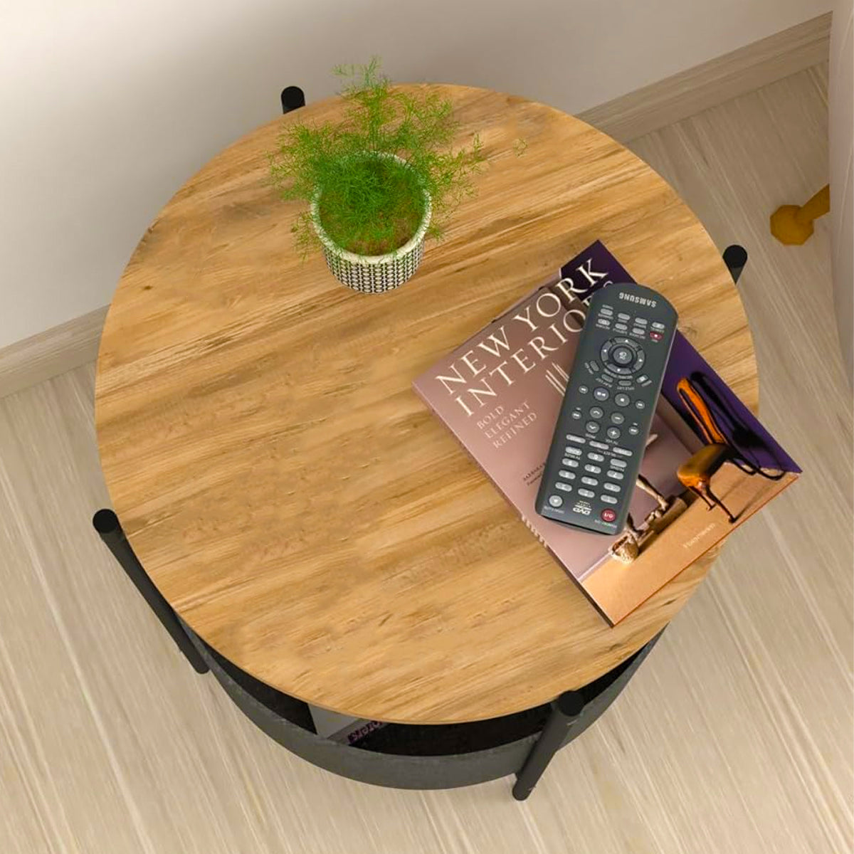 Round Side Table with Basket and Wood Top