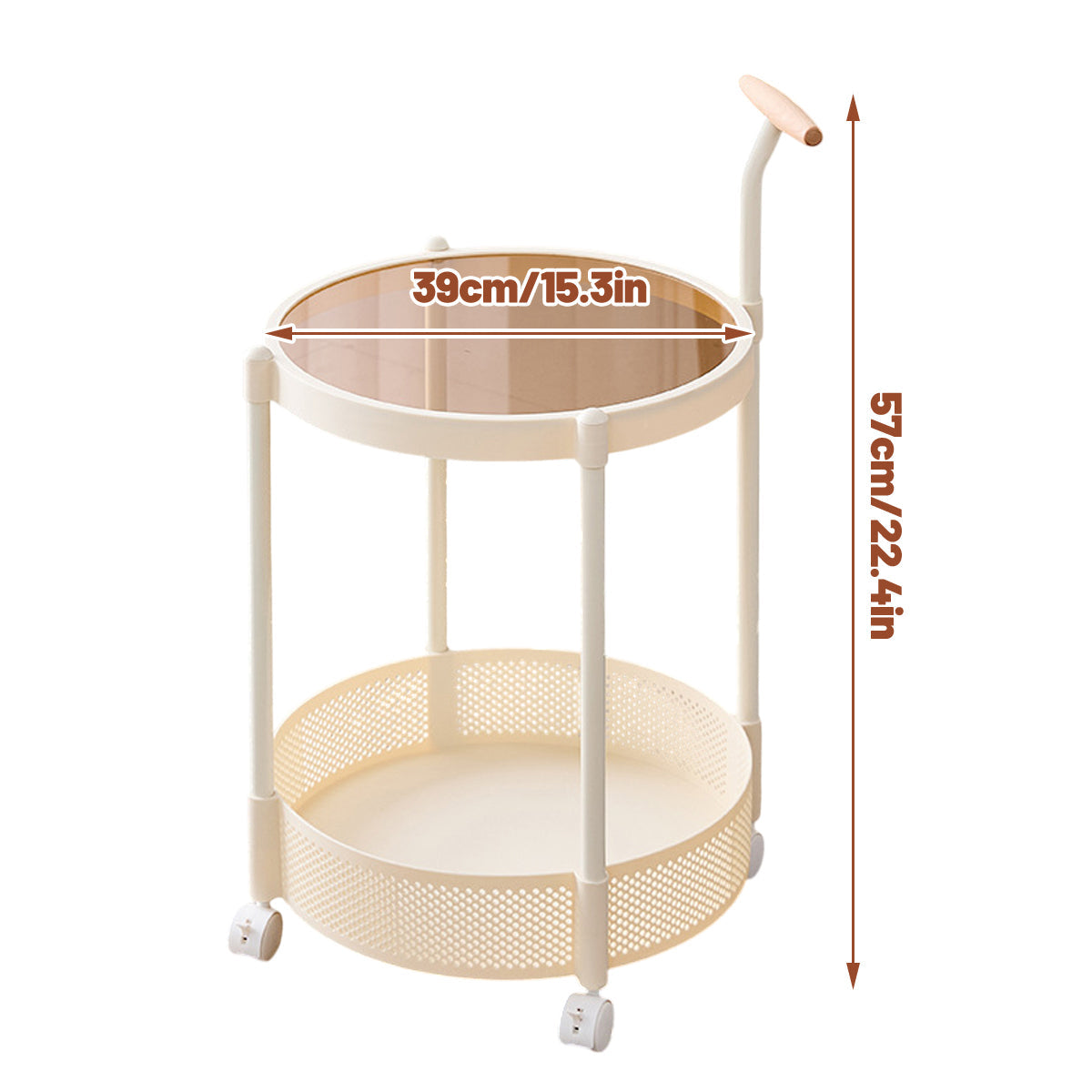 Glass Top Rolling Side Table with Mesh Lower Shelf