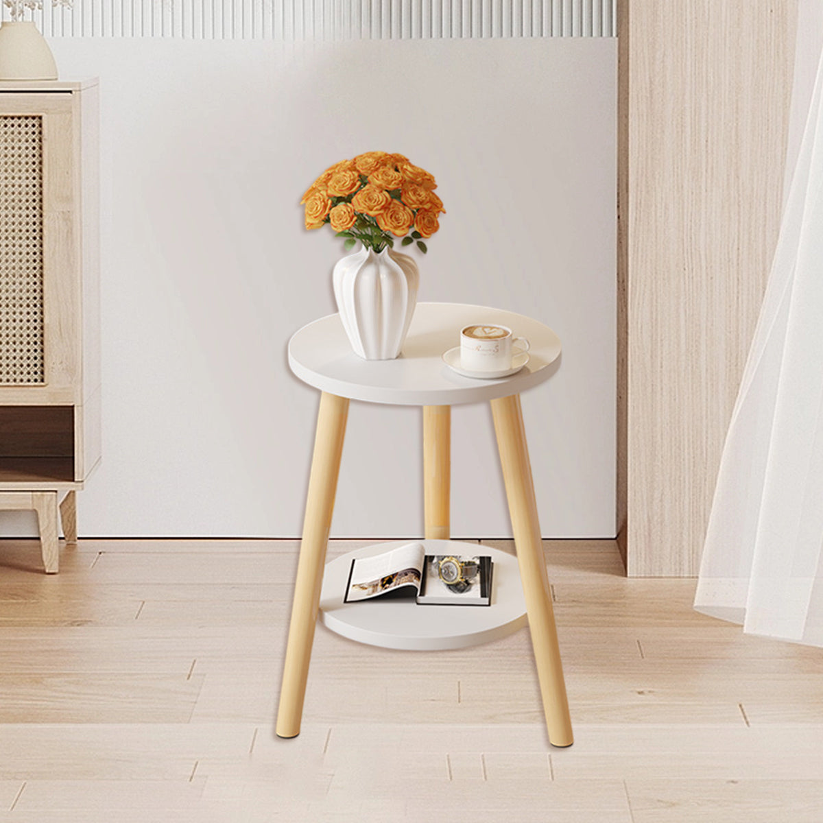 Nordic 2-Tier Round Side Table with Wood Legs