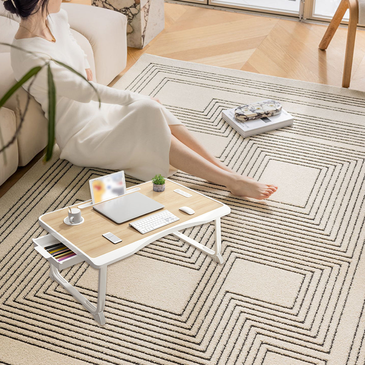 Folding Lap Tray Table with Drawer for Beds