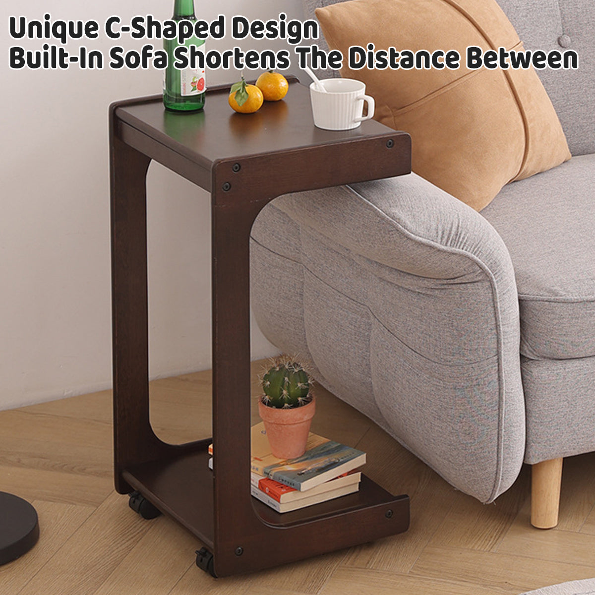 Solid Wood C-Shape Coffee Table with Drawer
