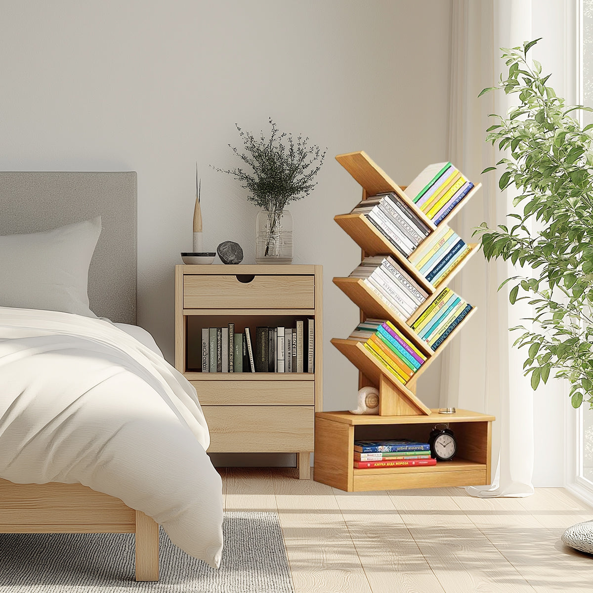 Tree-Inspired Wood Bookcase with 8 Layered Shelves