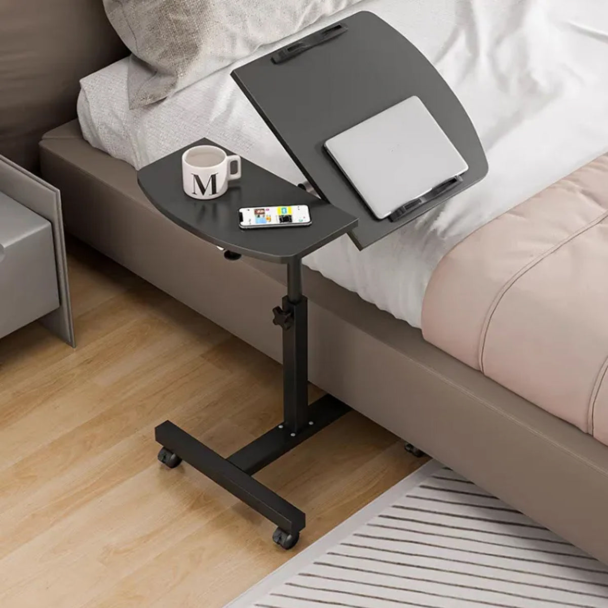 Rolling Bedside Tray Table with 90-Degree Top