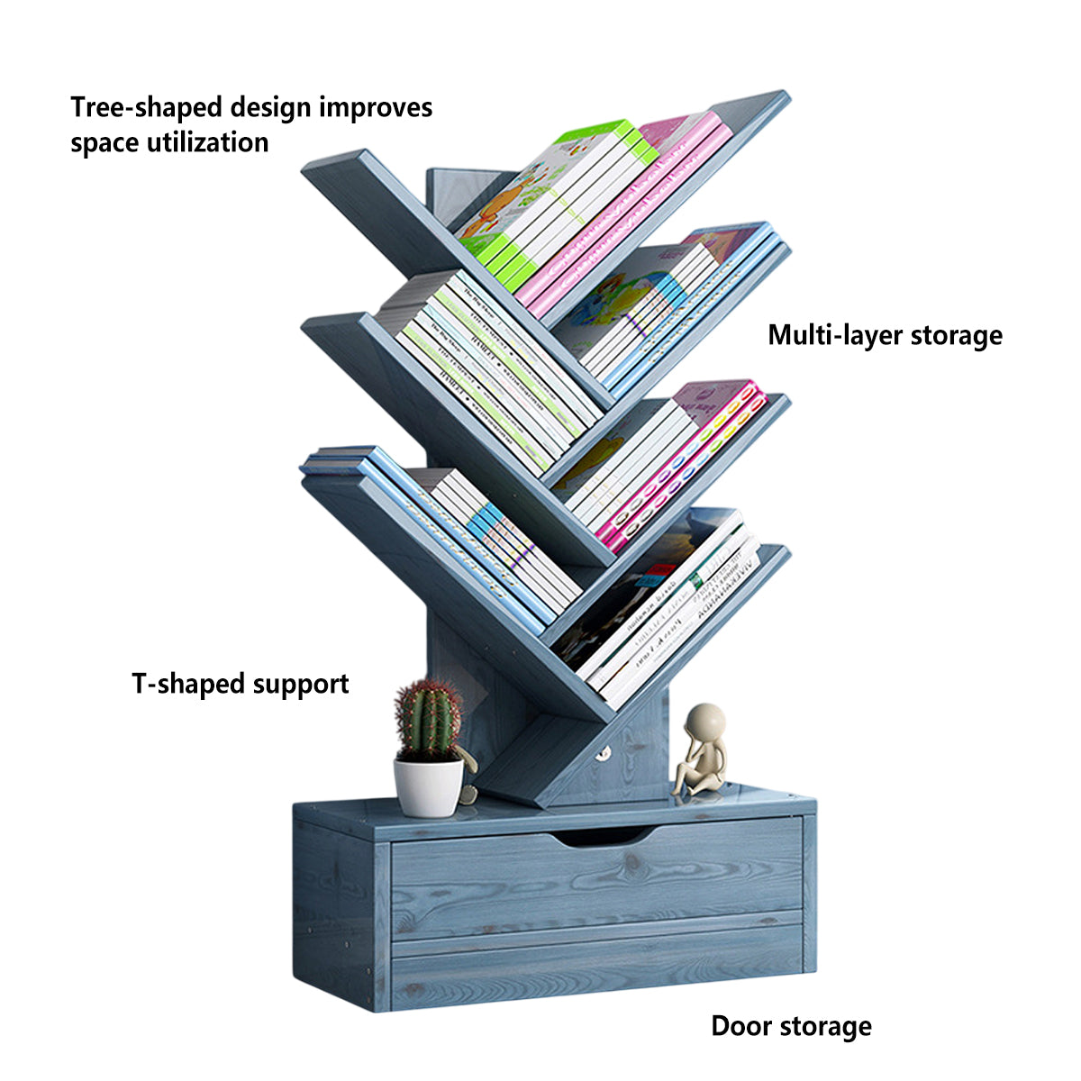 Tree-Shape Wood Bookcase with Slanted Shelves