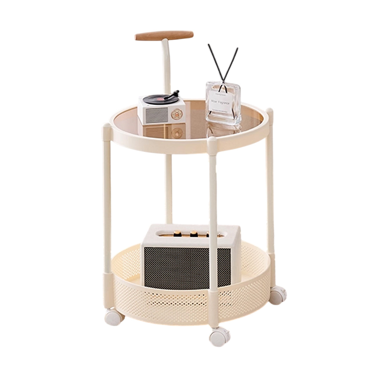 Glass Top Rolling Side Table with Mesh Lower Shelf