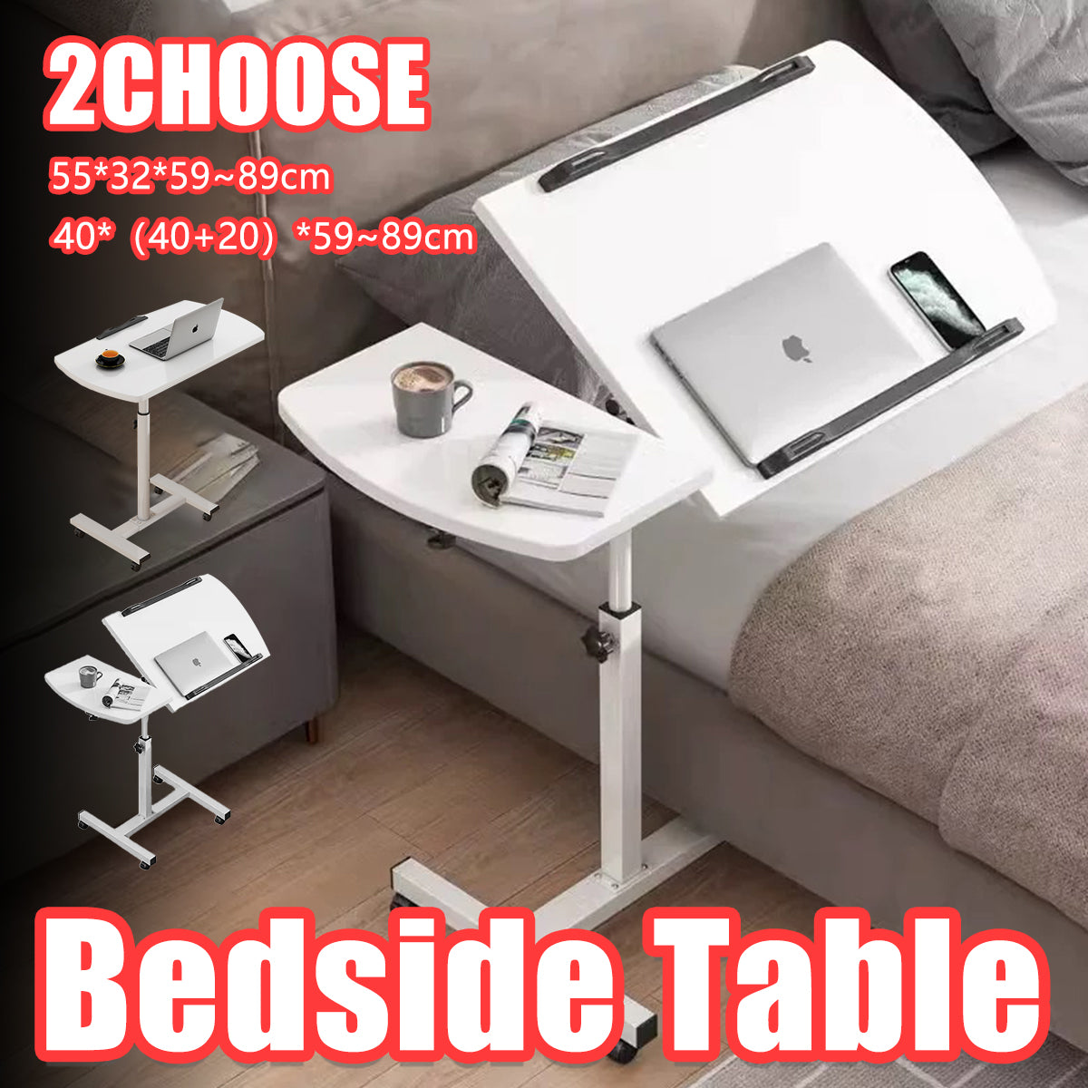 Rolling Bedside Tray with Tilt Top and Side Shelf