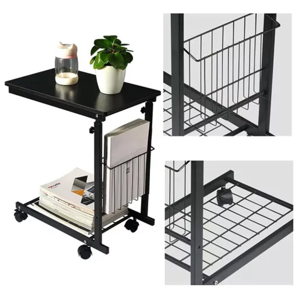 Rolling Side Table with Steel Frame and Basket