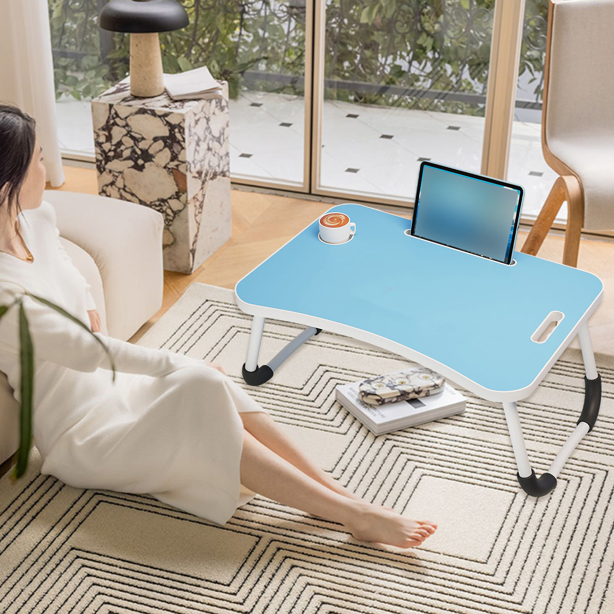 Folding Bed Tray in Blue with Device Slot