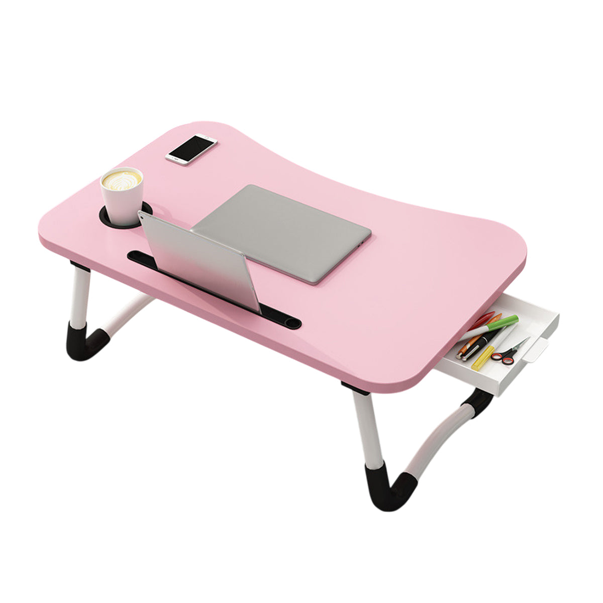 Pink Overbed Tray Table with W-Legs and Drawer