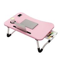 Pink Overbed Tray Table with W-Legs and Drawer
