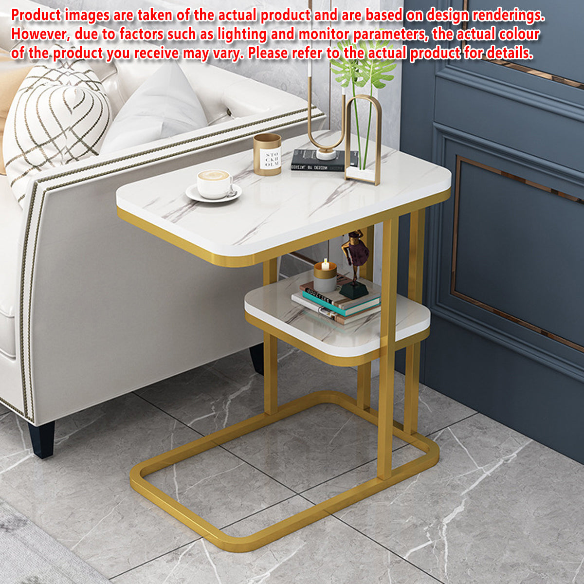 Two-Tier Sofa Side Table with Marble Look Top