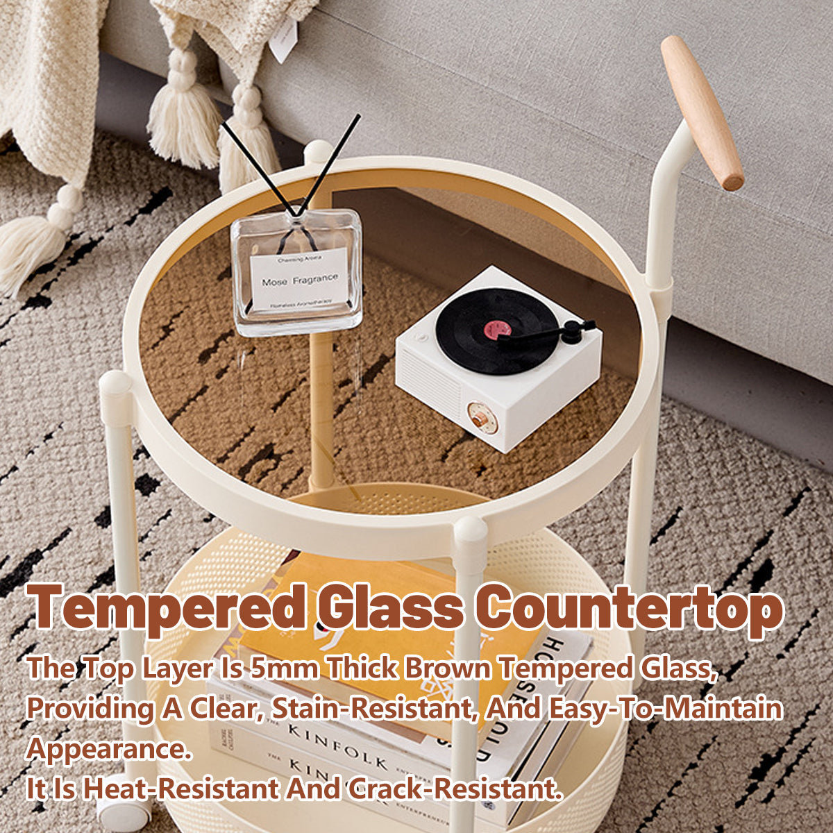 Glass Top Rolling Side Table with Mesh Lower Shelf
