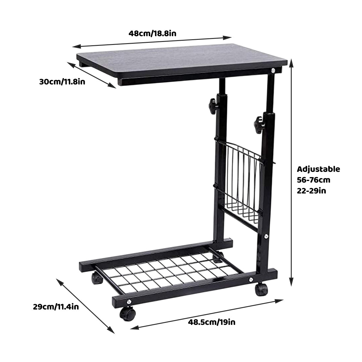 Rolling Side Table with Steel Frame and Basket