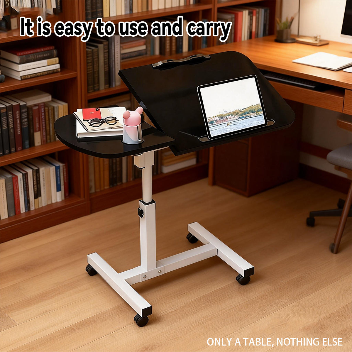 Rolling Sit-Stand Side Table with Cup Holder