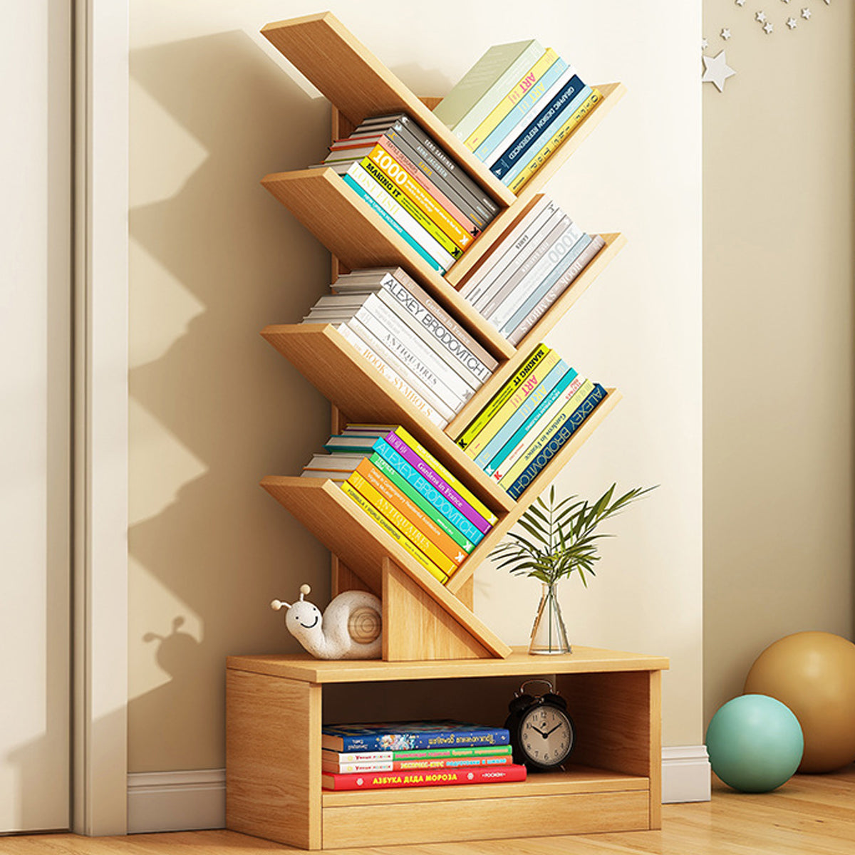Tree-Inspired Wood Bookcase with 8 Layered Shelves