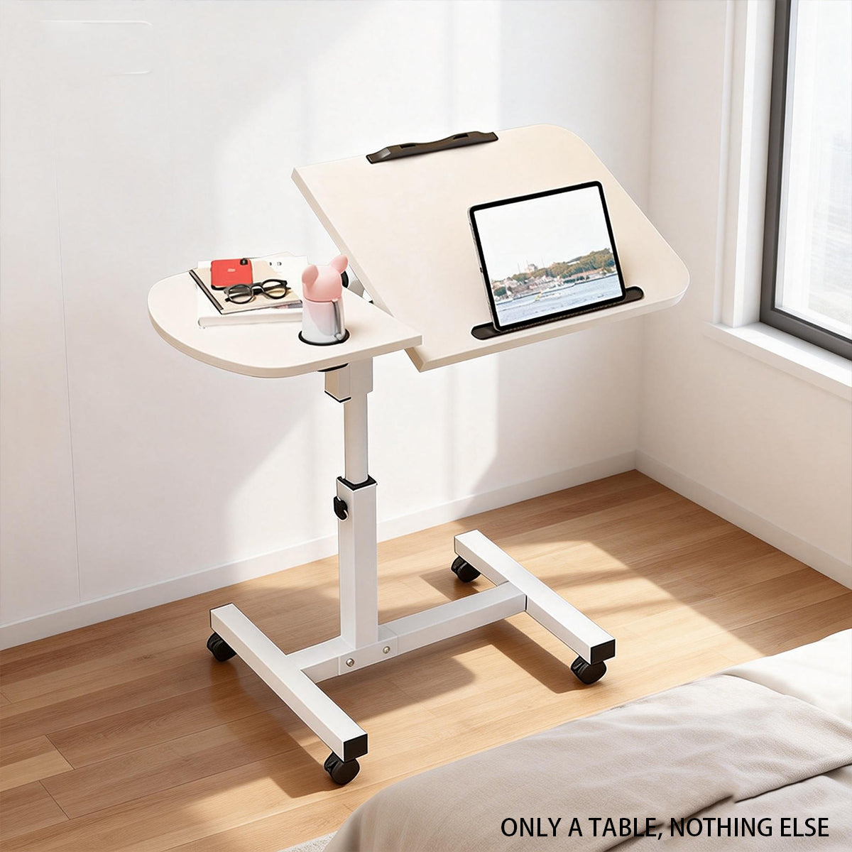 Rolling Sit-Stand Side Table with Cup Holder