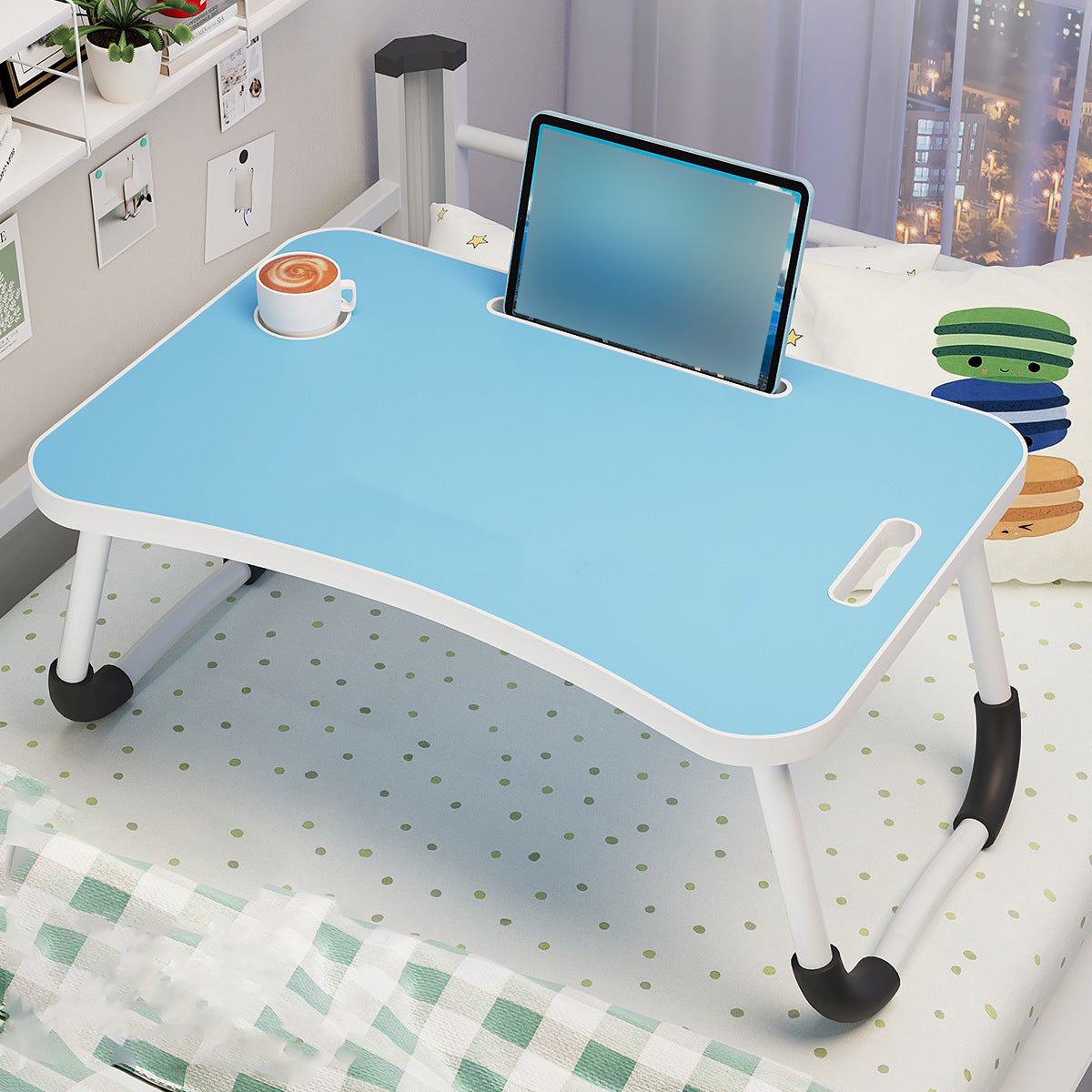 Folding Bed Tray in Blue with Device Slot