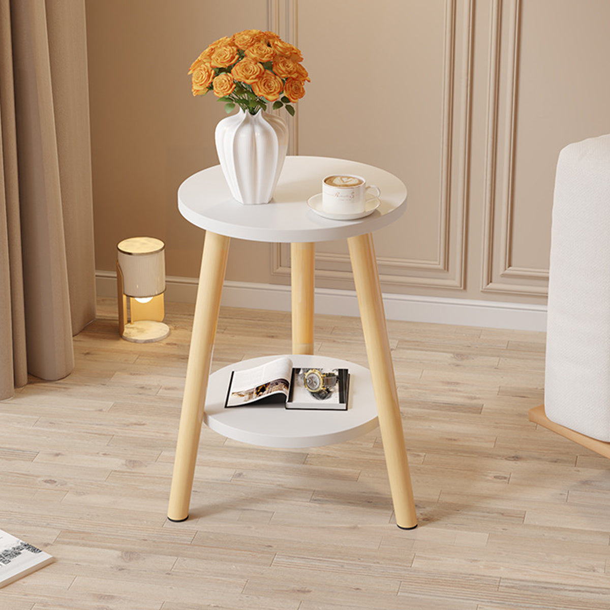 Nordic 2-Tier Round Side Table with Wood Legs
