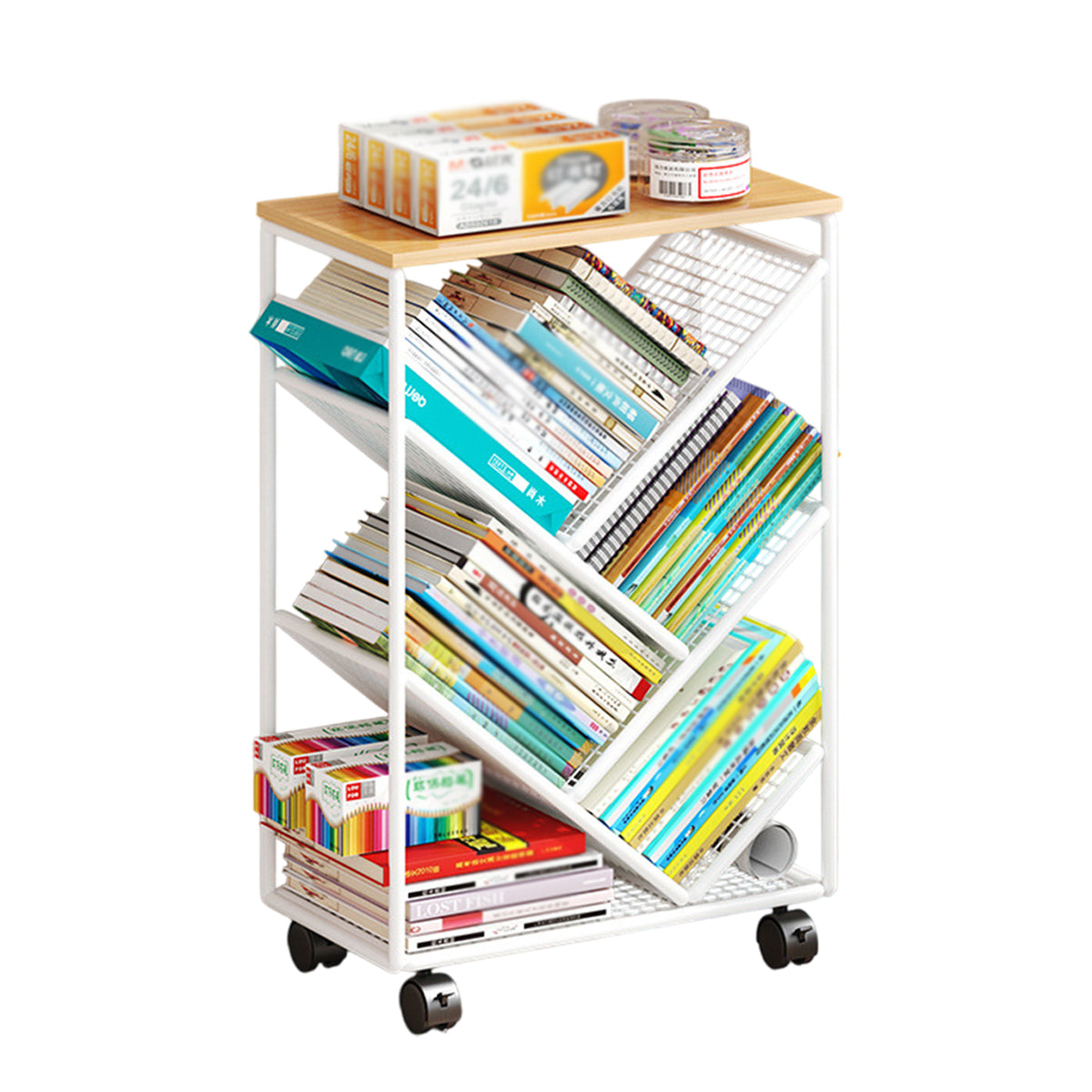 Compact Rolling Bookcase with Countertop Top