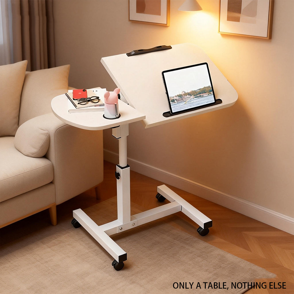 Rolling Sit-Stand Side Table with Cup Holder