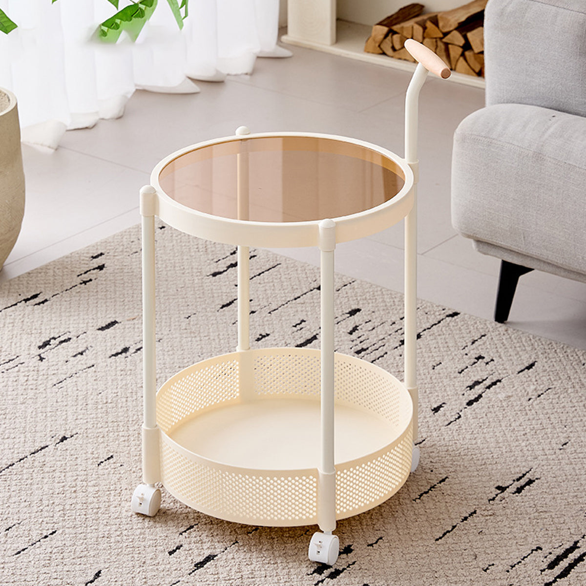 Glass Top Rolling Side Table with Mesh Lower Shelf
