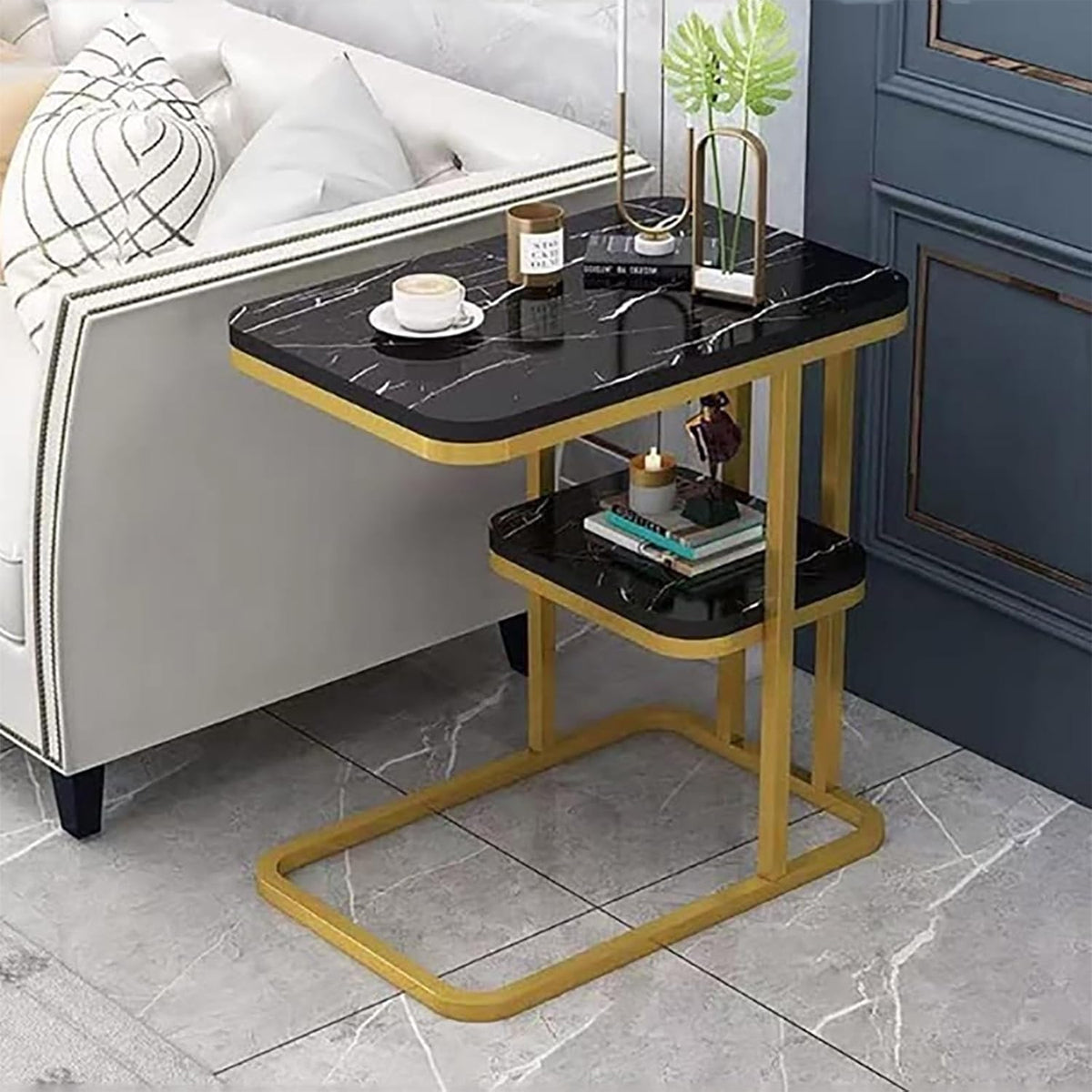 Two-Tier End Table with Marble Top Gold Frame