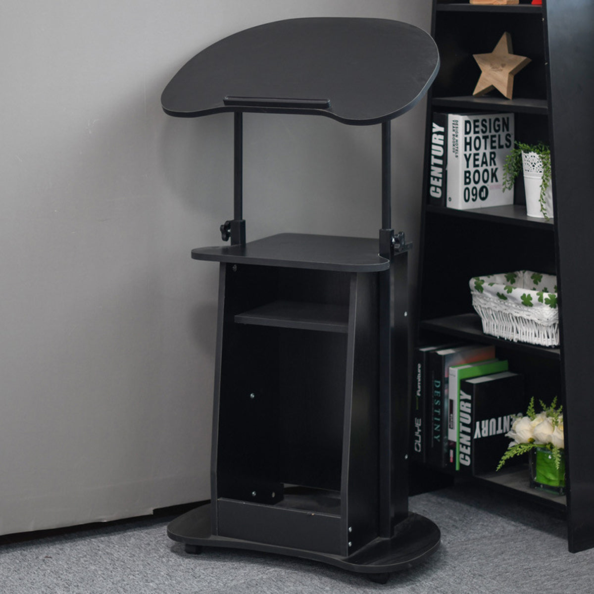 Rolling Side Table with Tilt Top and Lower Cabinet