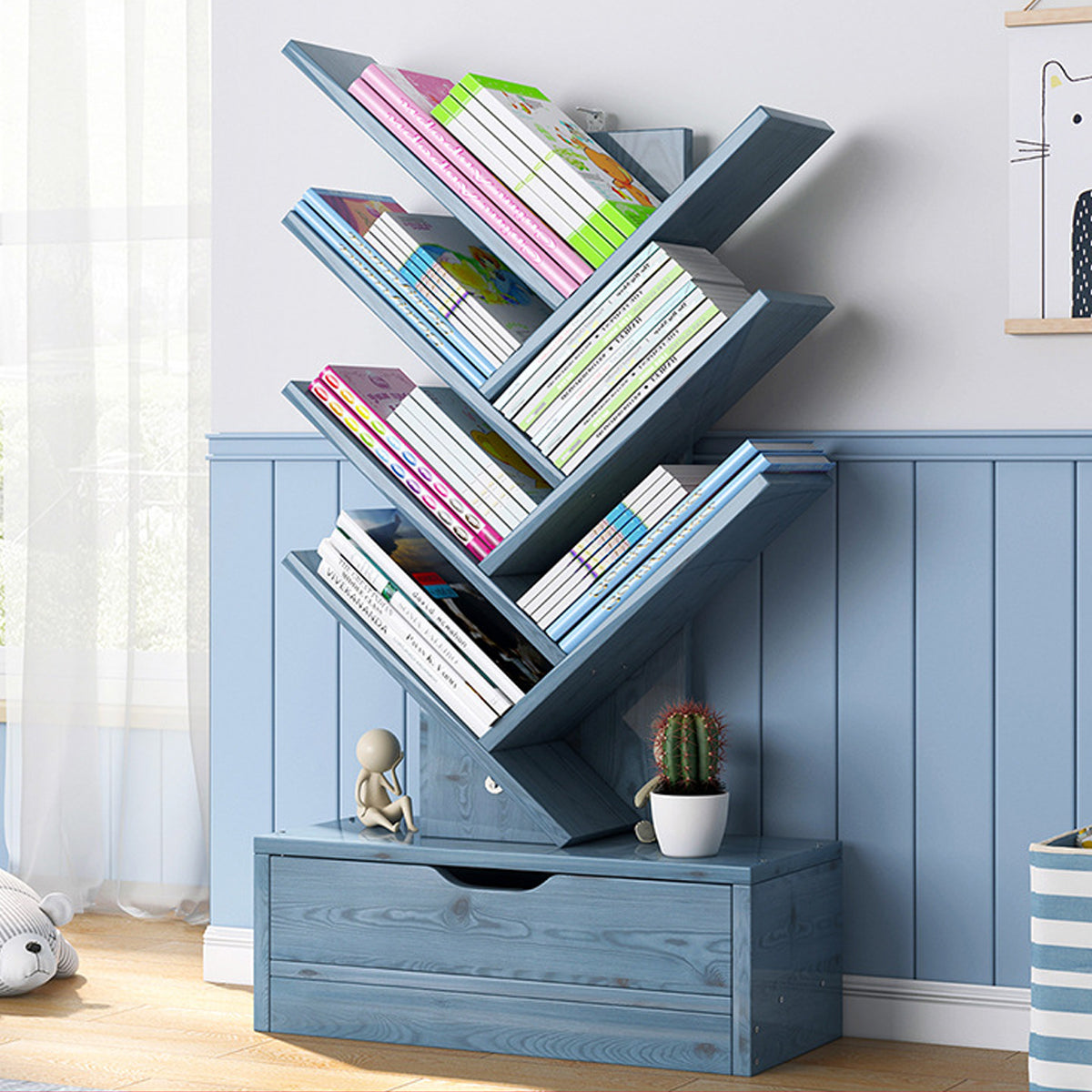 Tree-Shape Wood Bookcase with Slanted Shelves