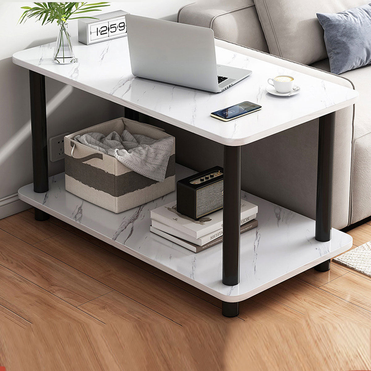 Double-Tier Coffee Table with Natural Wood Legs