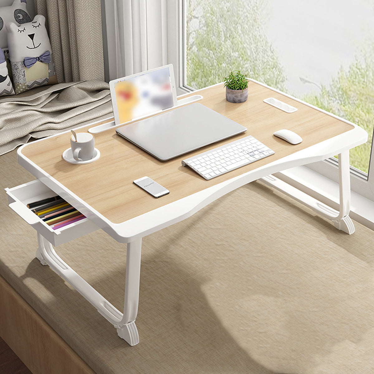 Folding Lap Tray Table with Drawer for Beds