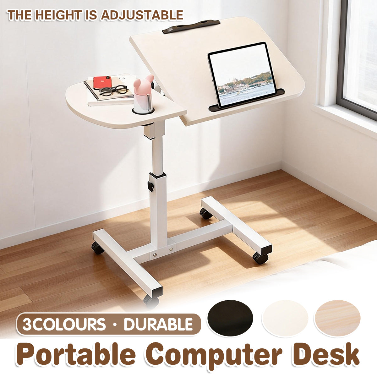 Rolling Sit-Stand Side Table with Cup Holder