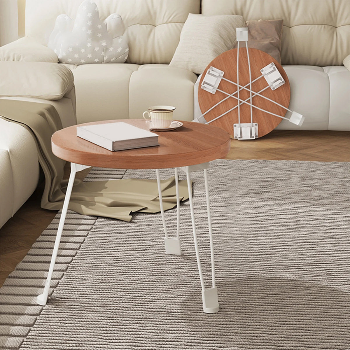 Cream Folding Round Table with Sturdy Steel Legs