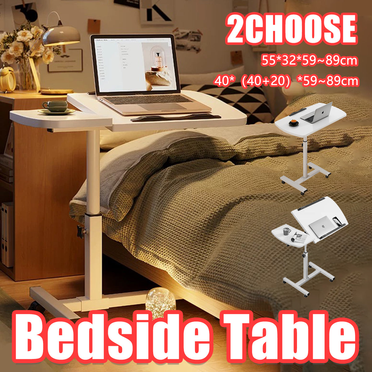 Rolling Bedside Tray with Tilt Top and Side Shelf