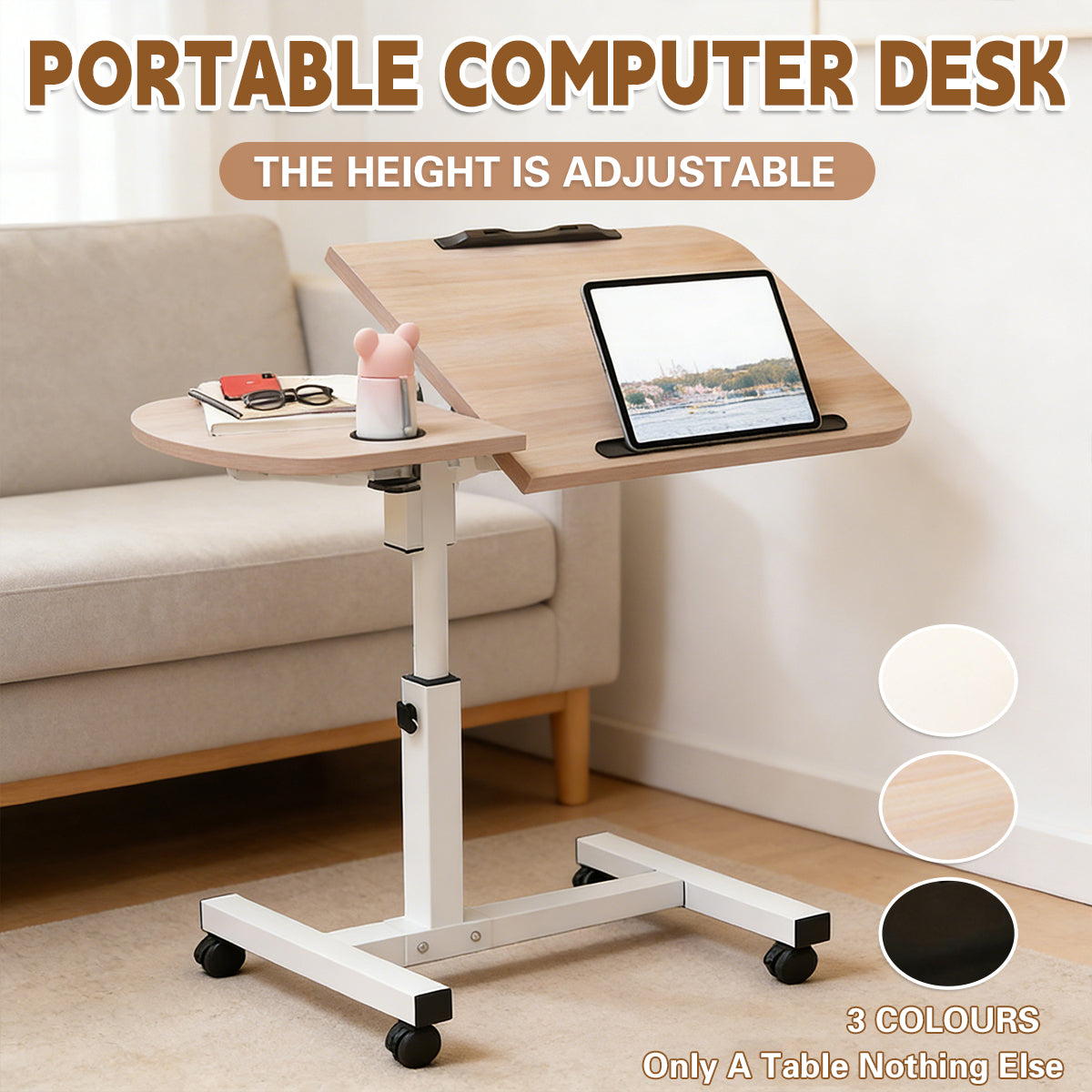 Rolling Sit-Stand Side Table with Cup Holder