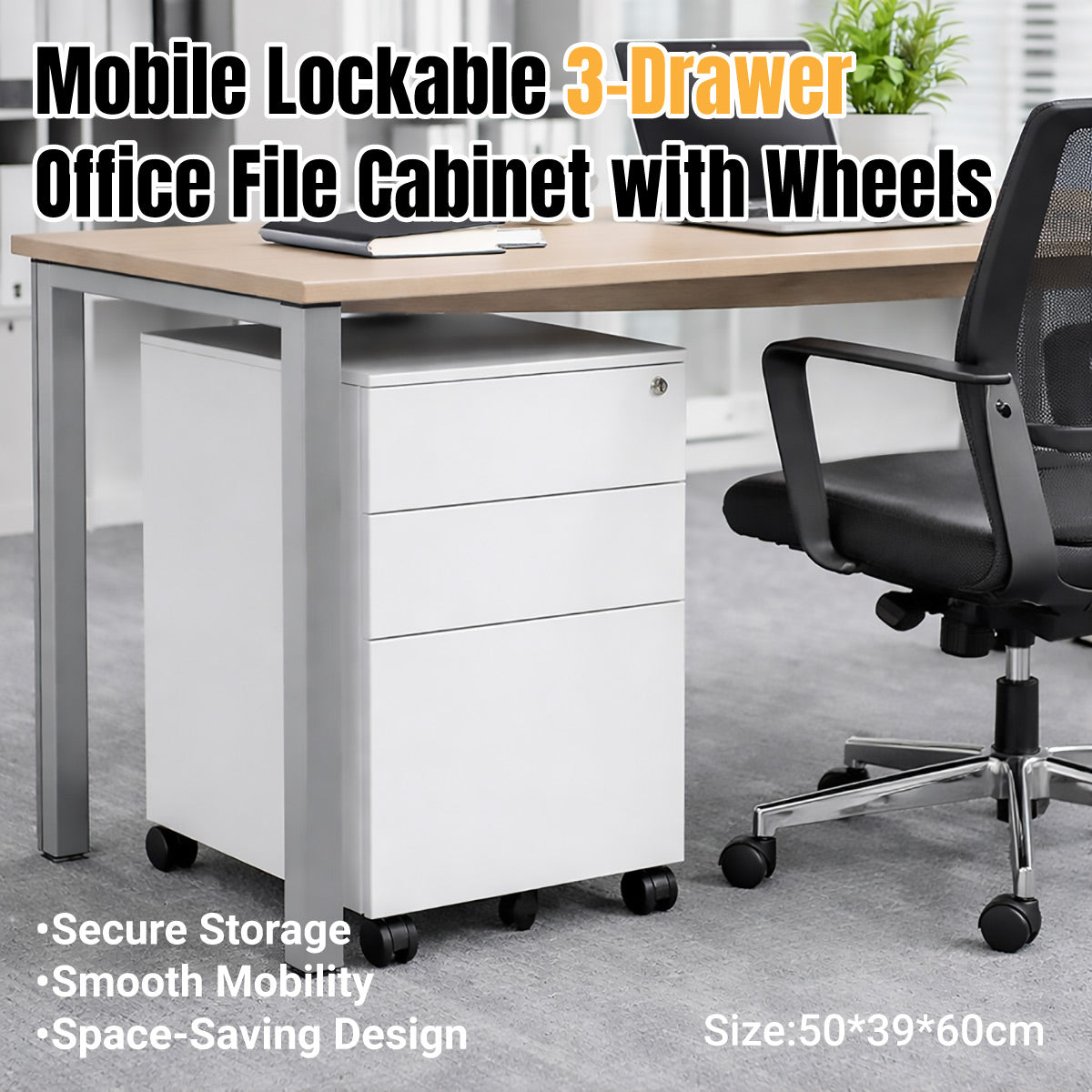 Under-Desk Rolling 3-Drawer Cabinet with Top Lock