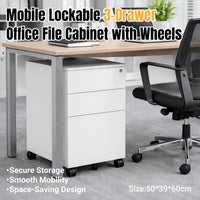 Under-Desk Rolling 3-Drawer Cabinet with Top Lock