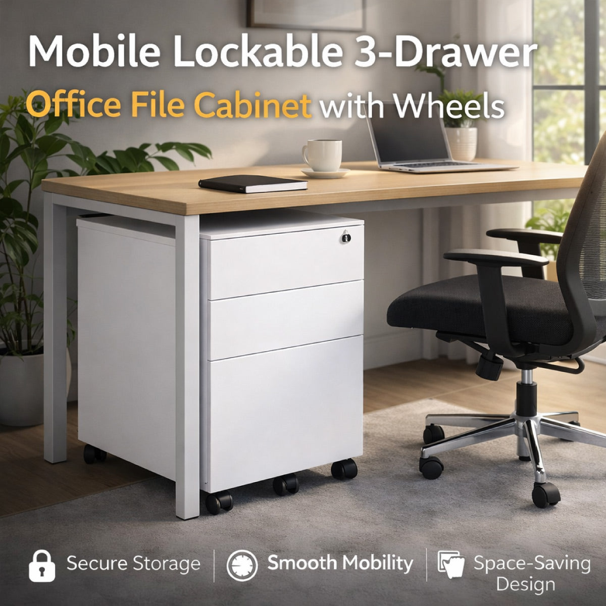 Under-Desk Rolling 3-Drawer Cabinet with Top Lock