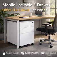 Under-Desk Rolling 3-Drawer Cabinet with Top Lock