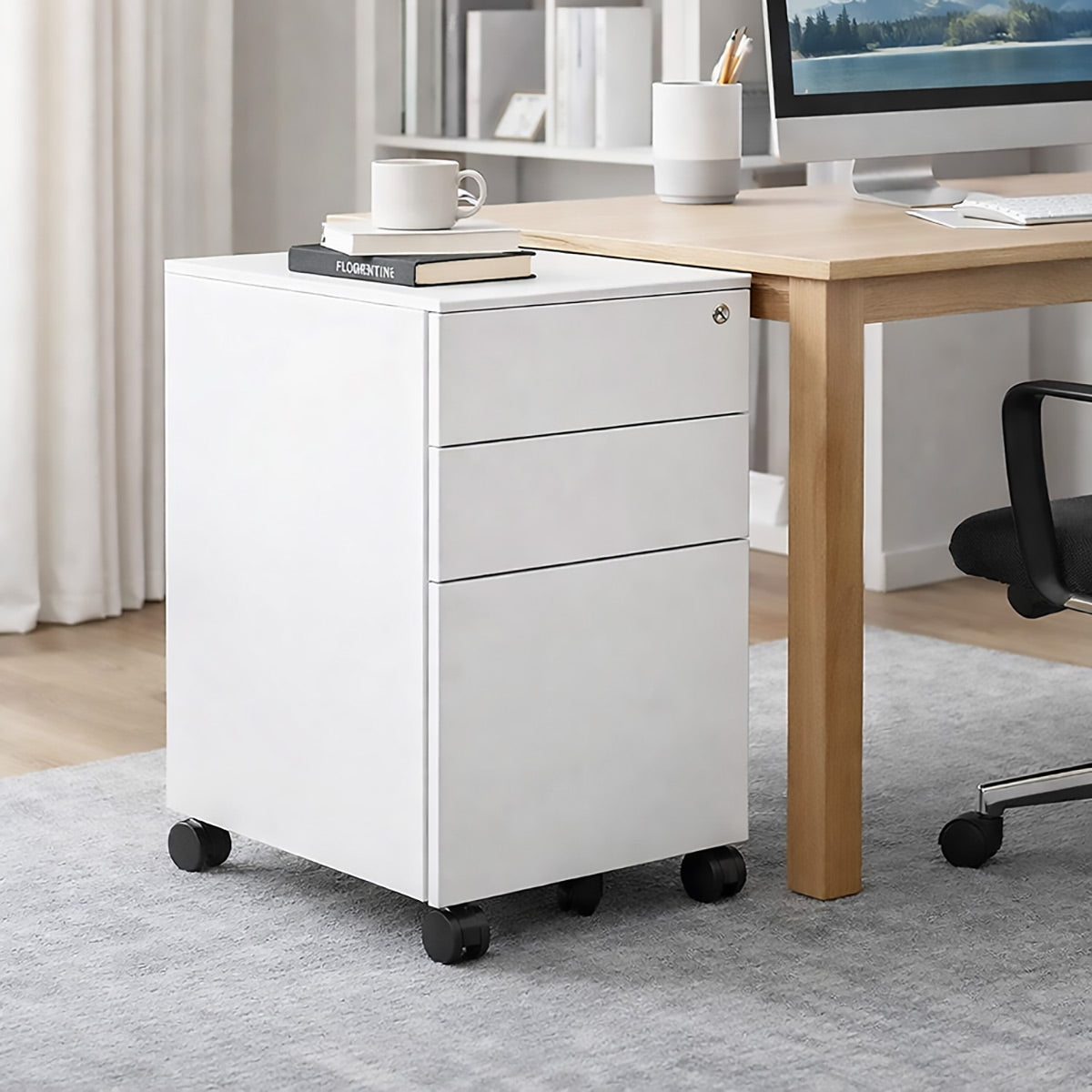 Under-Desk Rolling 3-Drawer Cabinet with Top Lock