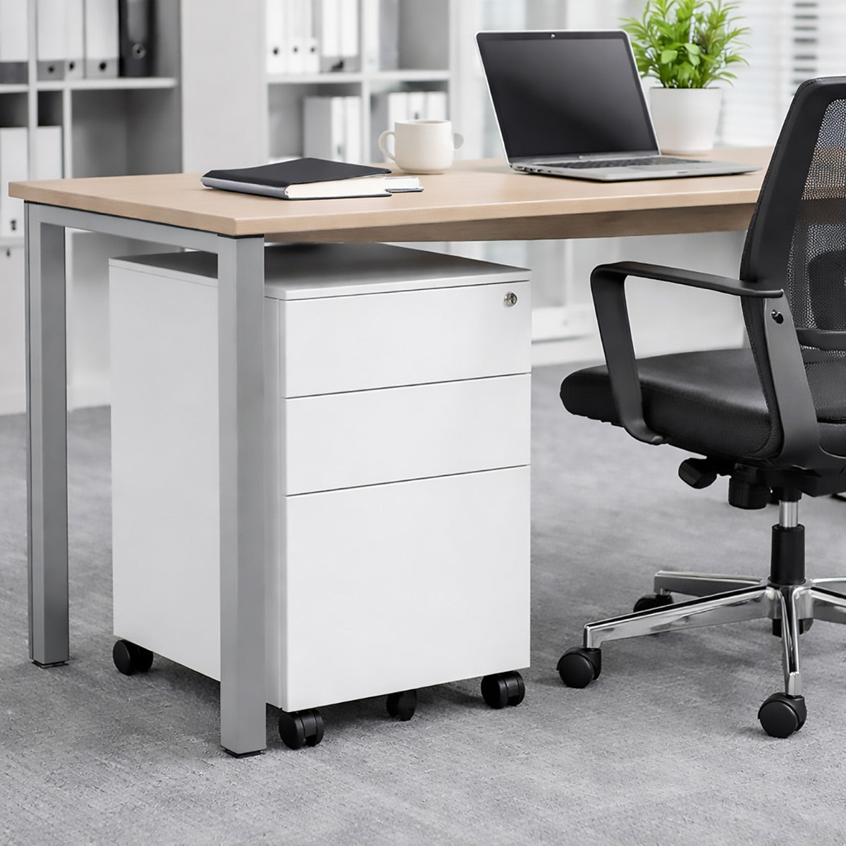 Under-Desk Rolling 3-Drawer Cabinet with Top Lock