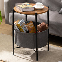 Round Side Table with Basket and Wood Top