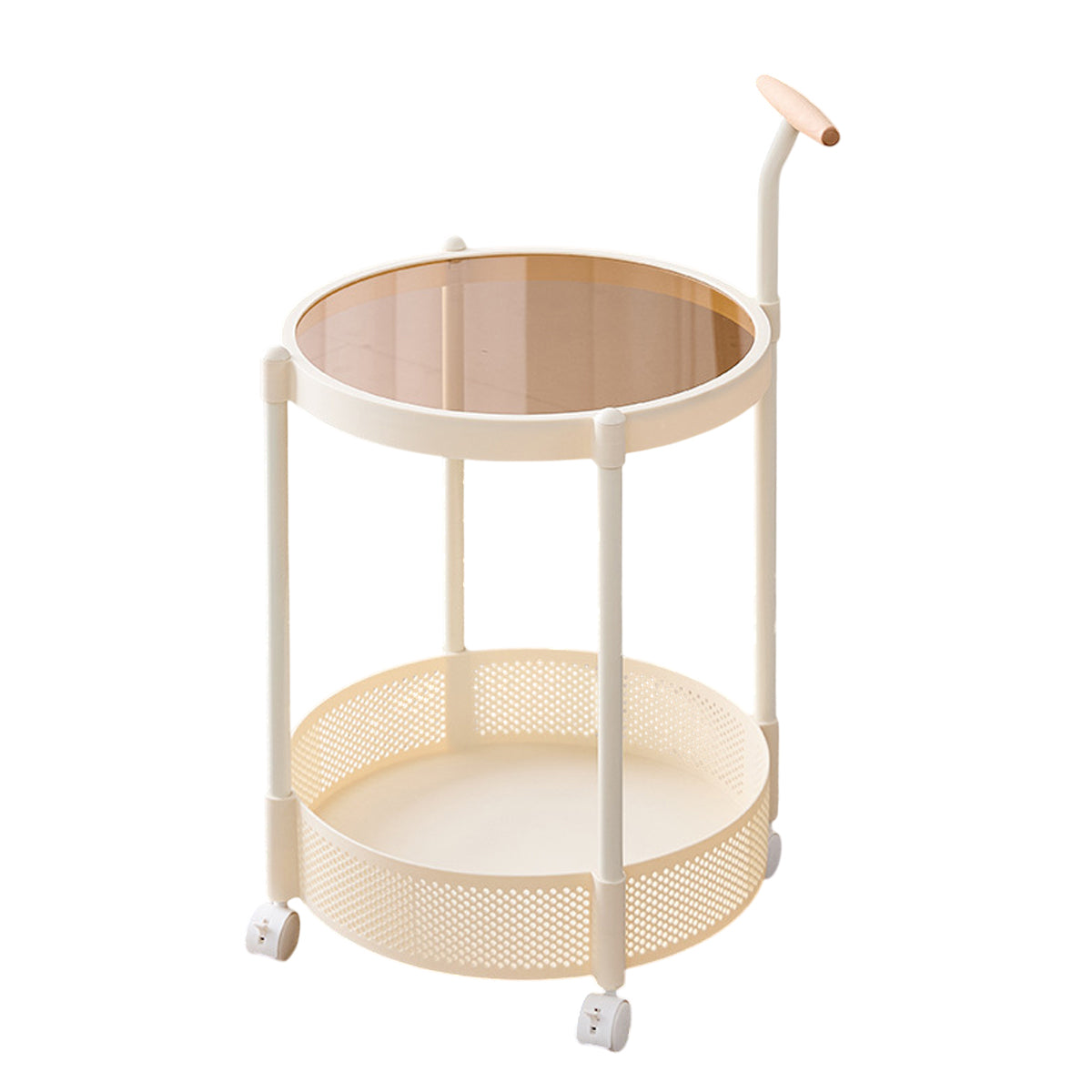 Glass Top Rolling Side Table with Mesh Lower Shelf