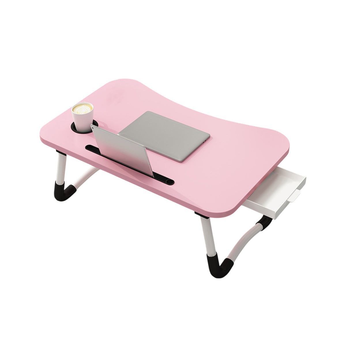 Pink Overbed Tray Table with W-Legs and Drawer