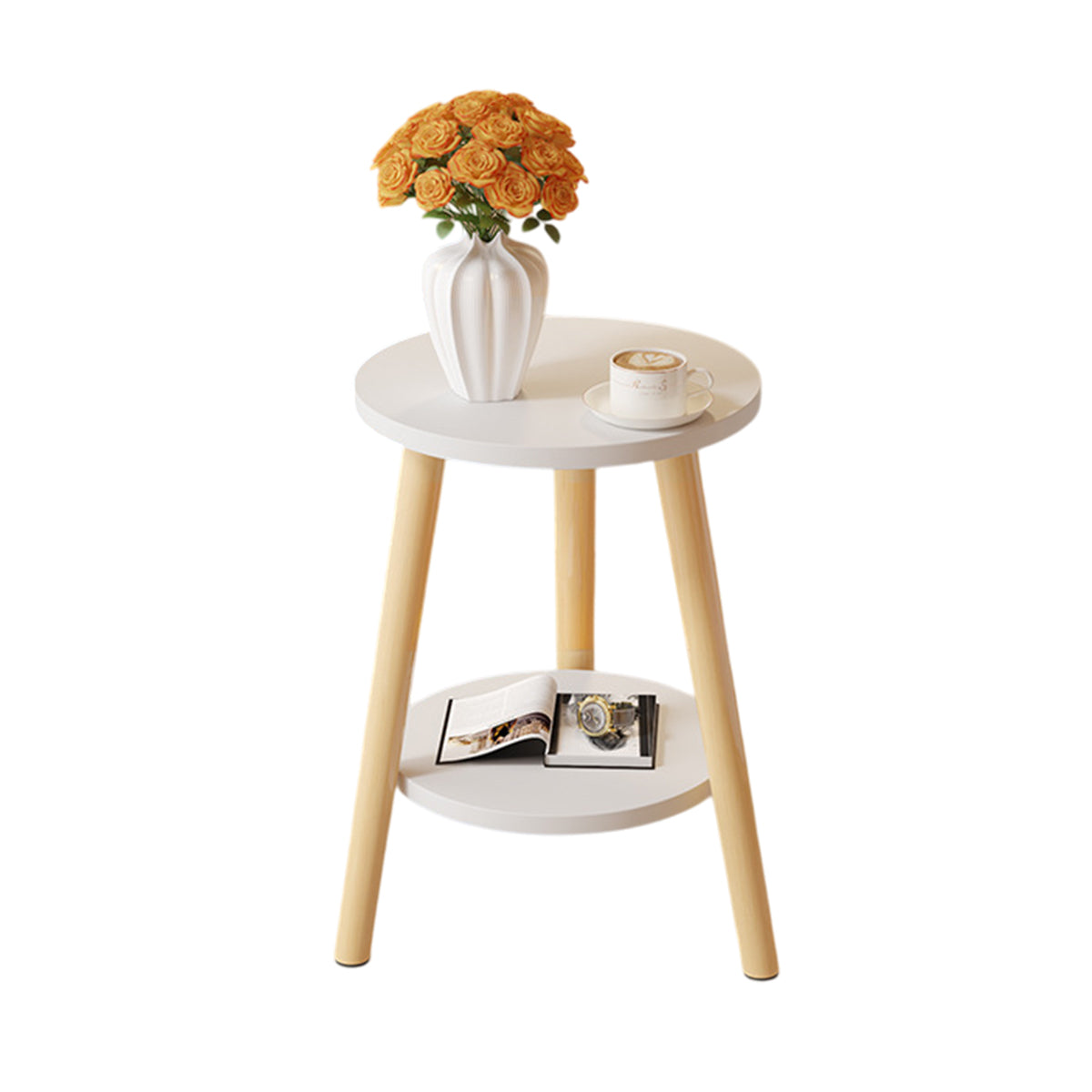 Nordic 2-Tier Round Side Table with Wood Legs