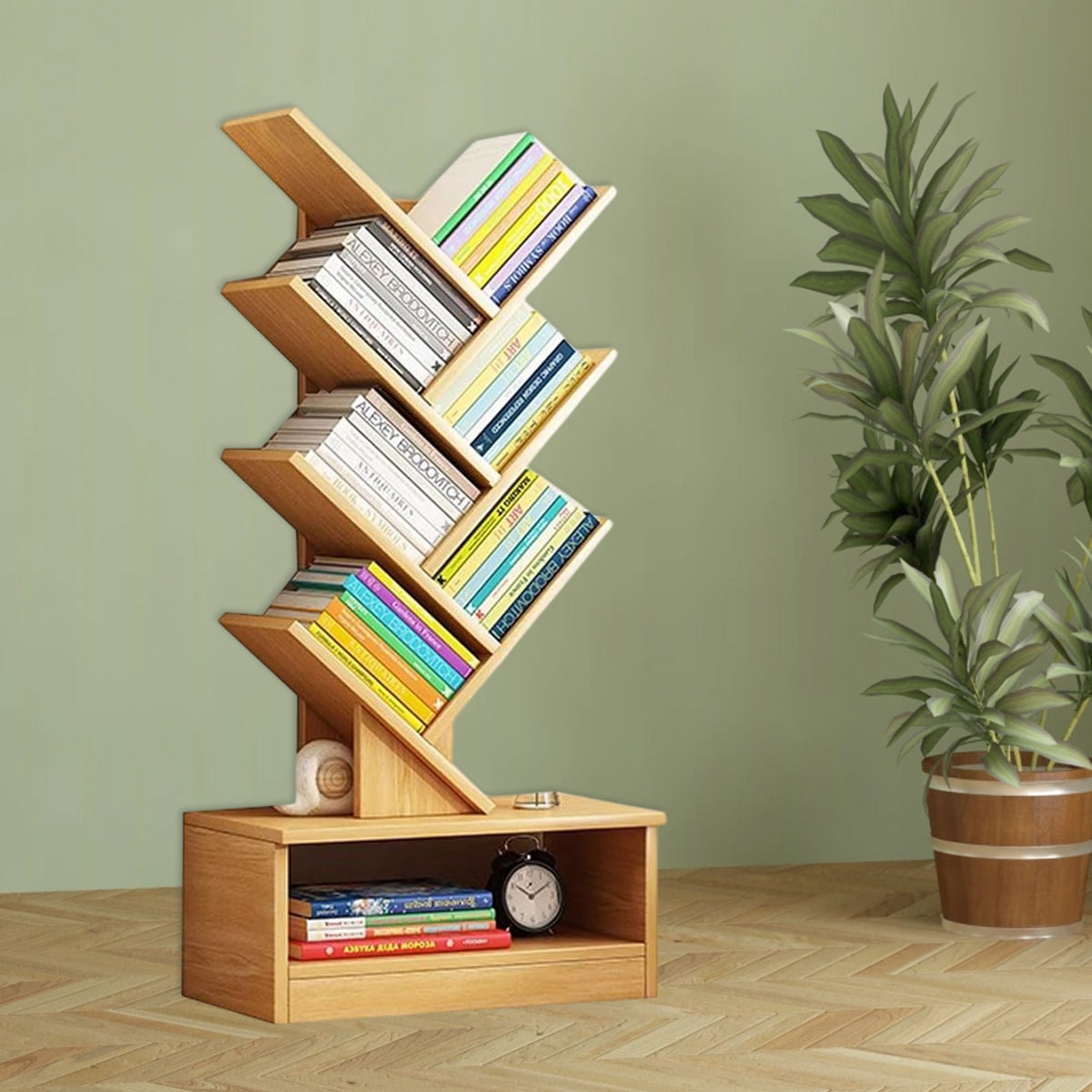 Tree-Inspired Wood Bookcase with 8 Layered Shelves