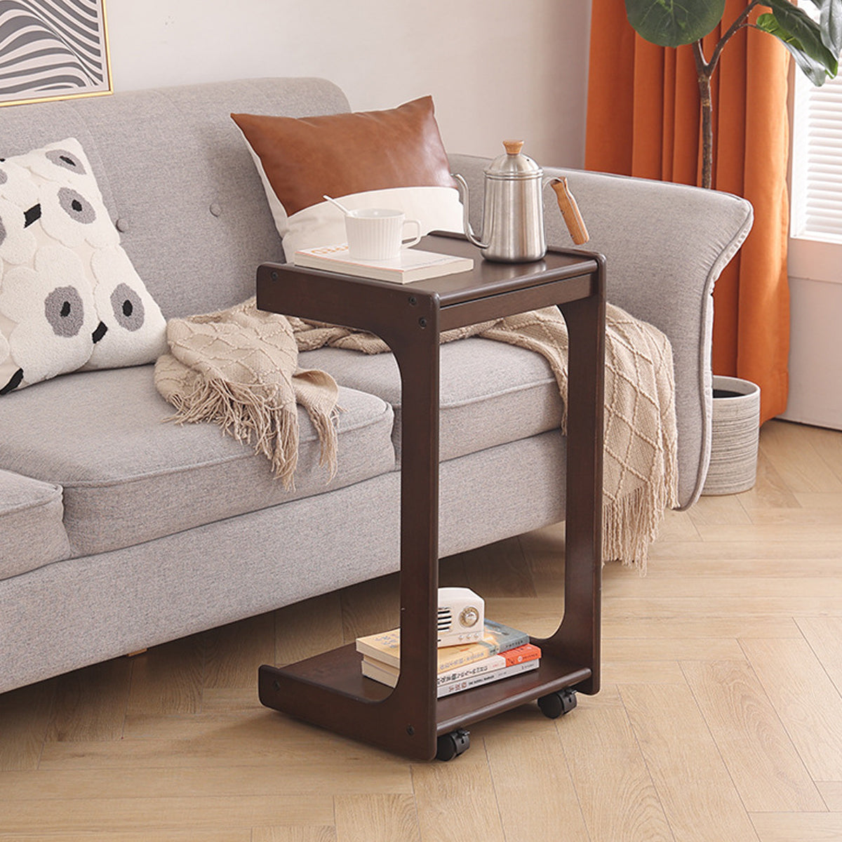 Solid Wood C-Shape Coffee Table with Drawer