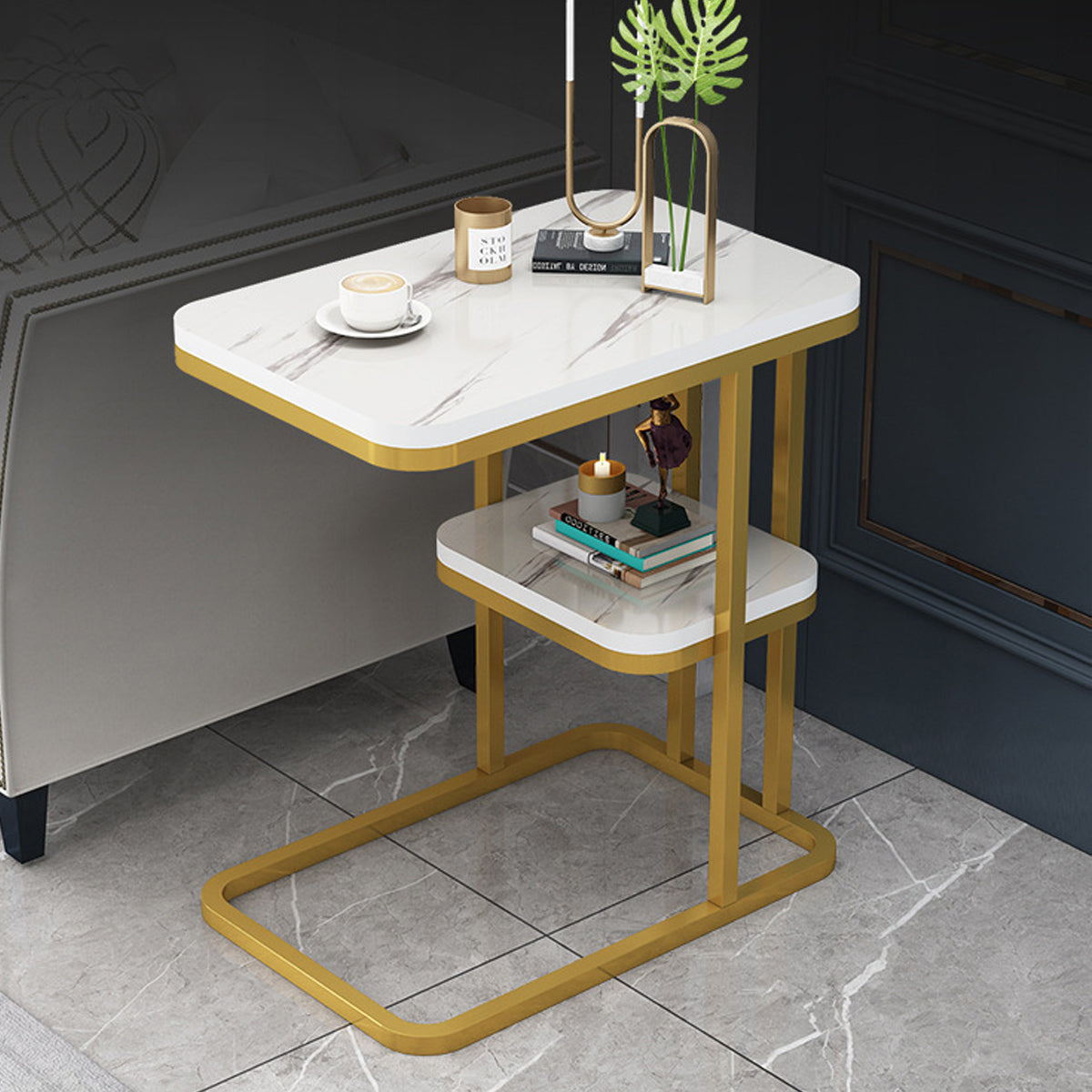 Two-Tier Sofa Side Table with Marble Look Top
